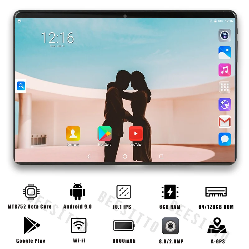 10 дюймов планшетный ПК Восьмиядерный 6 ГБ ОЗУ 128 Гб ПЗУ 8.0MP WiFi Android 9,0 gps 1280*800 ips 2.5D стекло планшетный ПК 10,1"