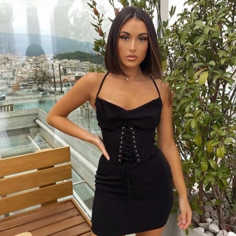 

Summer Bag Bandage 2021 Woman Dresses Sexy Slash Neck Black Bodycon Dress High Waist Backless Hip Solid Strap Mini Dress Female