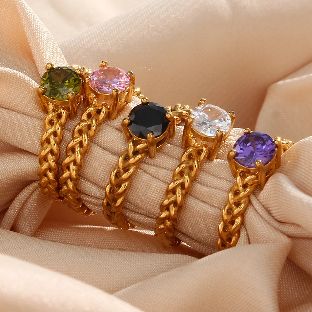 

Ladies Luxury Wedding Gemstone Ring Woven Chain Stainless Steel Green Pink Purple White CZ Stone Gold Adjustable Rings For Women