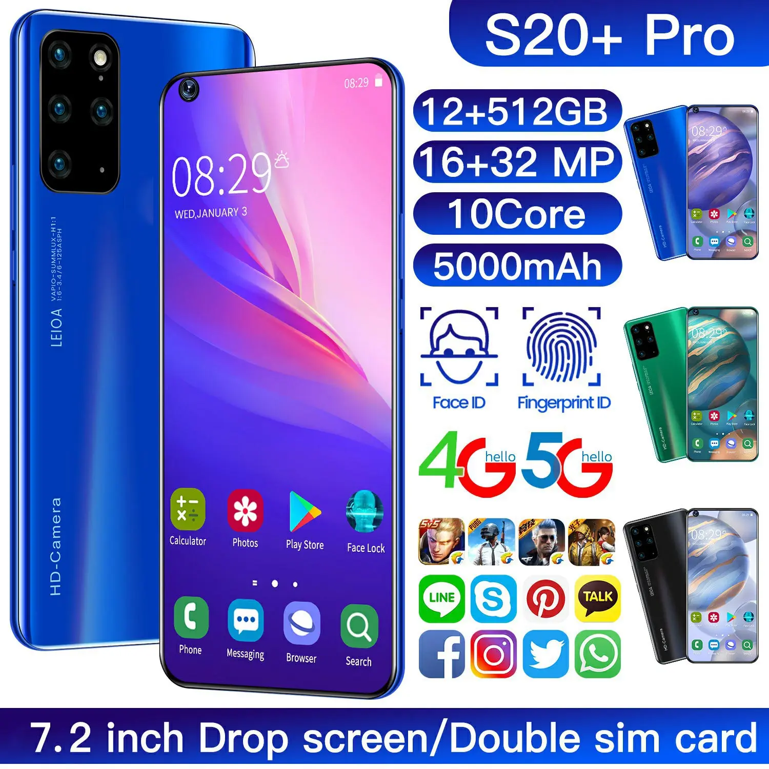

2021 SmartPhone S20+PRO 7.2 inch Full Display 12GB +512GB 16MP+32MP Facial Recognition 4G 5G Dual SIM GPS Global Version Celular