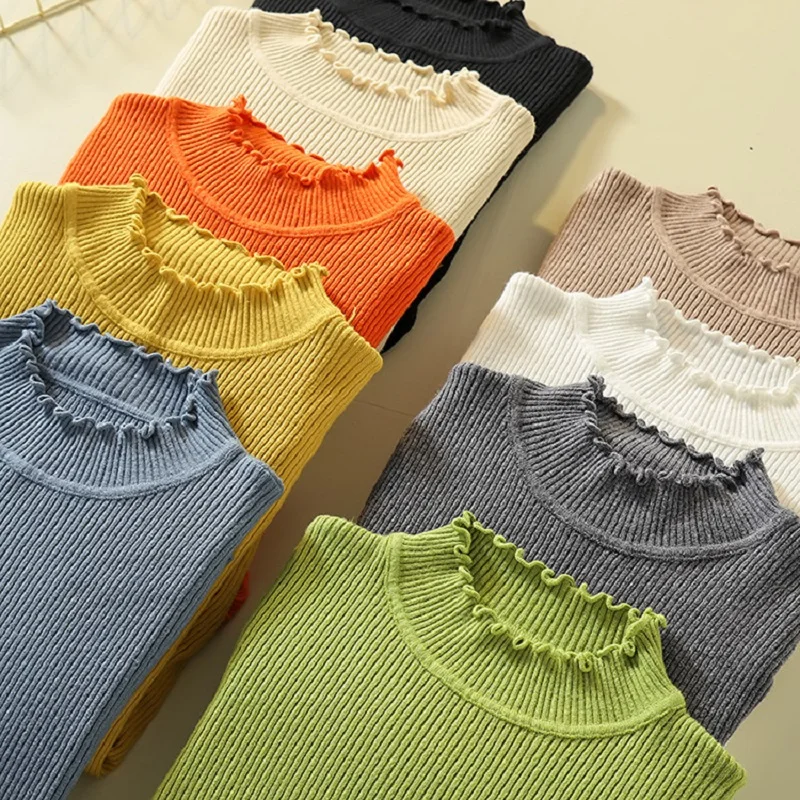 Пуловер свитер для женщин зимняя трикотажная одежда с высоким воротом рюшами