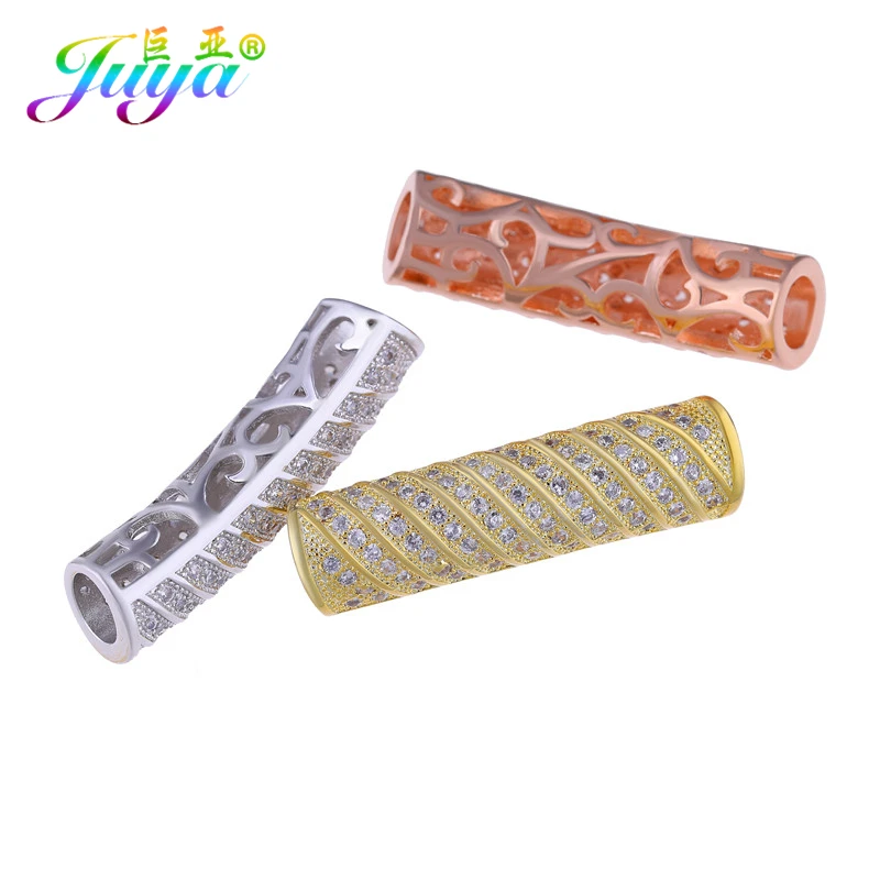 Juya DIY золотые/серебряные/розовые золотые разделительные бусины, поставки, микро проложенные циркониевые изогнутые трубчатые бусины для изготовления ювелирных изделий из натурального камня и жемчуга