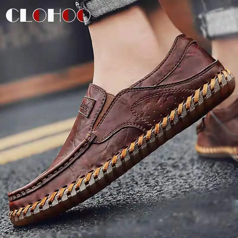 

Genuine cowhide casual men's shoes, no glue, hand-sewn men's shoes, breathable soft-soled pea shoes