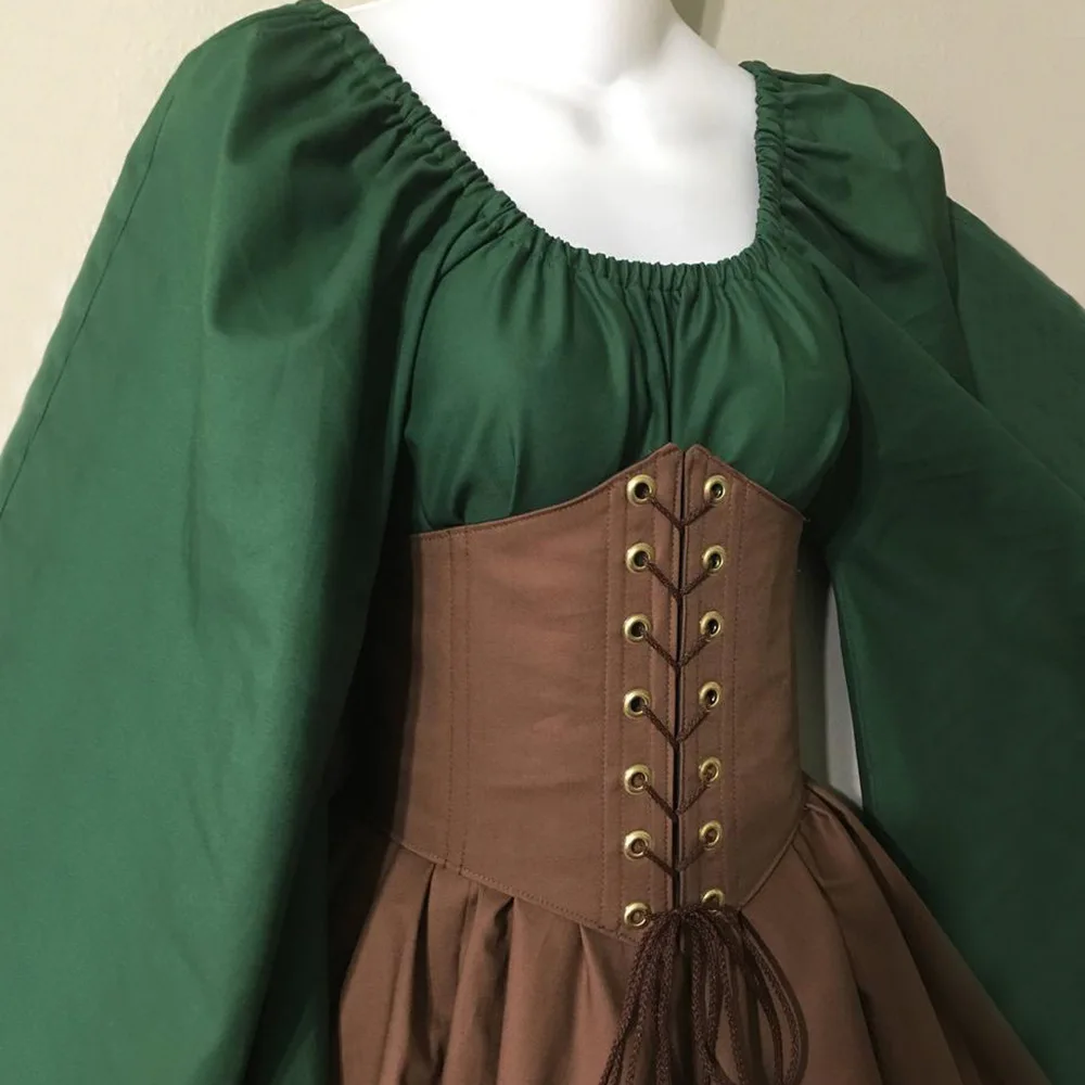 

Renaissance Vintage Halloween Party Women Medieval Cosplay Fashion Retro Long Sleeve Corset Dress Female Patchwork Belt Costume