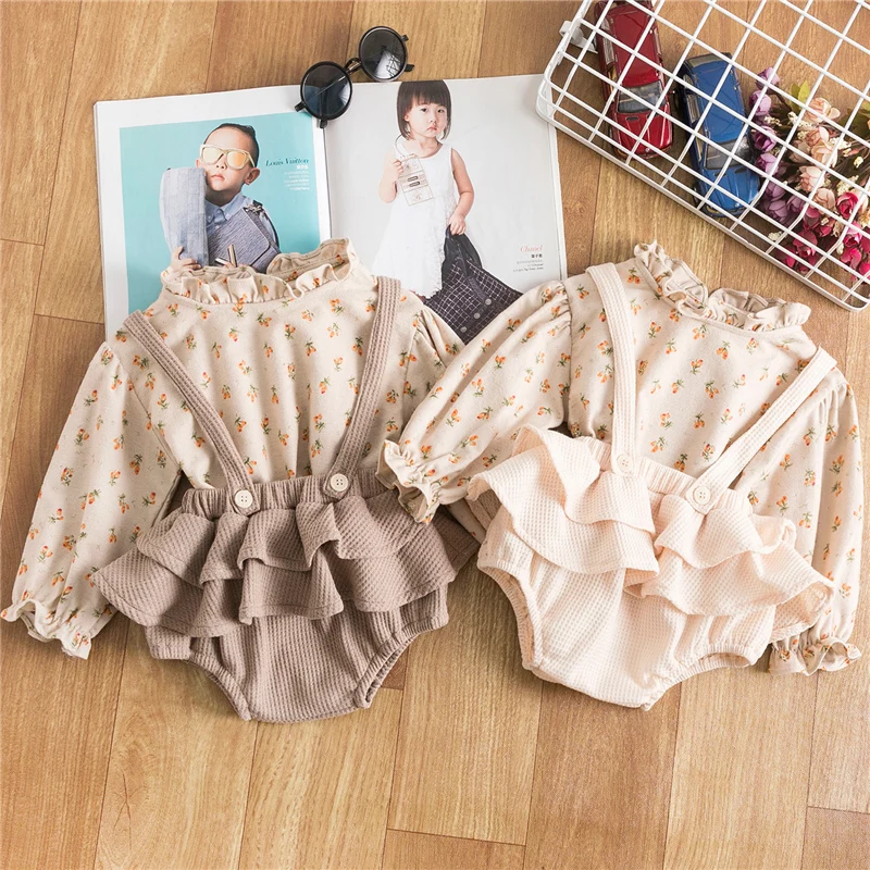 

12M 18M 24M Newborn Baby Girl Clothes Set Floral Autumn Suspender Bodysuit Romper Jumpsuit T-shirt Tops Outfits Infant Clothing