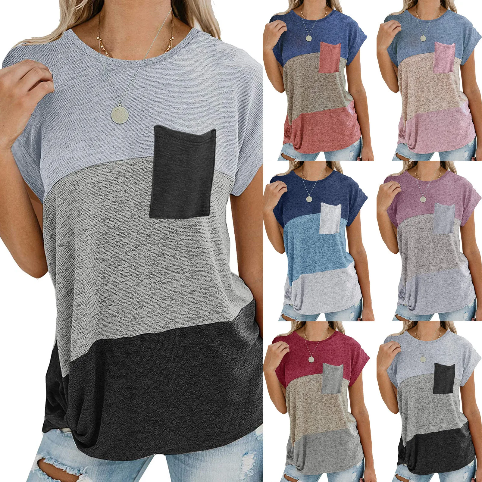 

Summer Fashion Knot Off-shoulder Blouse Casual Ladies Loose Color Block Tops Female Pocket Short Sleeve Shirt Blusas Pullover