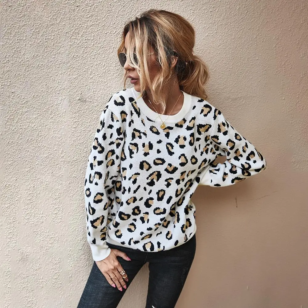 Женский вязаный свитер с леопардовым принтом на осень и зиму женский белый