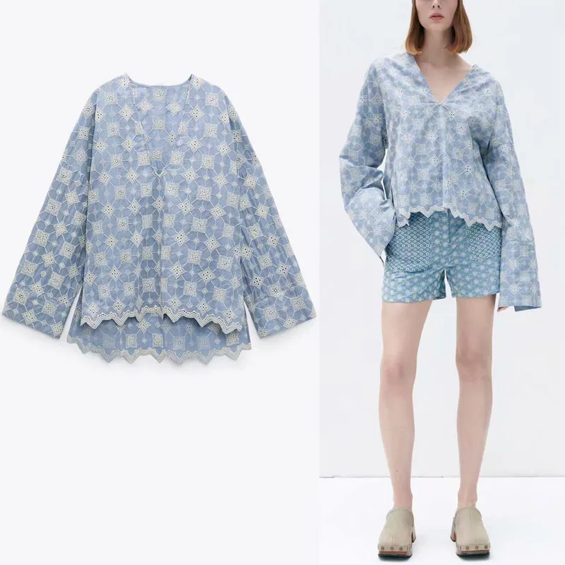 

Summer Plaid Texture Woman Blouses Shirt Za Fashion V-neck Long Sleeve Hollow Out Shirt Vintage Irregular Hem Casual Chic Shirt