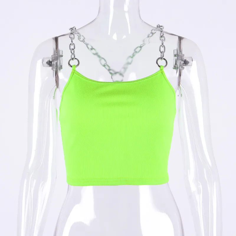 

2021 Spring Summer Hot Sale Neon Green Camis Chain Straps Festival Crop Tops Women Sexy Sleeveless Tanks Tops Female Streetwear