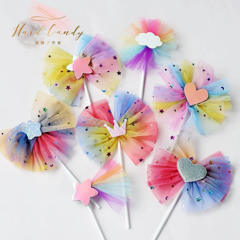 Maille paillettes Etoiles couronne gâteau Topper Laser amour coeur licorne joyeux anniversaire Decor pour enfant flecte de mariage|Товары
