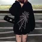 Толстовка Стразы в готическом стиле на молнии с изображением паутины, женская уличная одежда Y2K, свободная куртка с капюшоном, Парные толстовки большого размера в стиле Харадзюку, панк