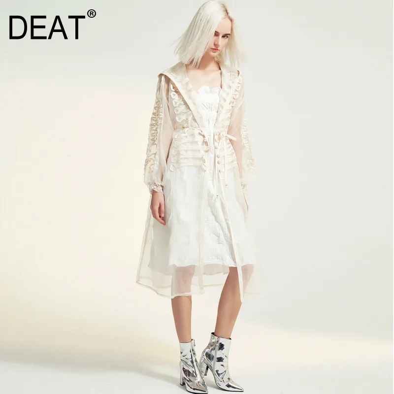 Женский однобортный Кардиган DEAT прозрачный кардиган с капюшоном и рукавами