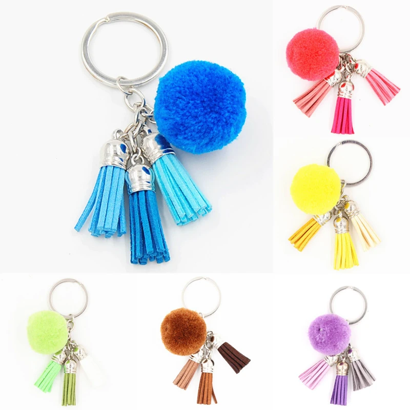 

1Piece Gradient Blue Yellow Pink Green Tassel Fur Brand Bag Keychain Pompon Car Keyring Fur Ball Charms DIY Jewelry