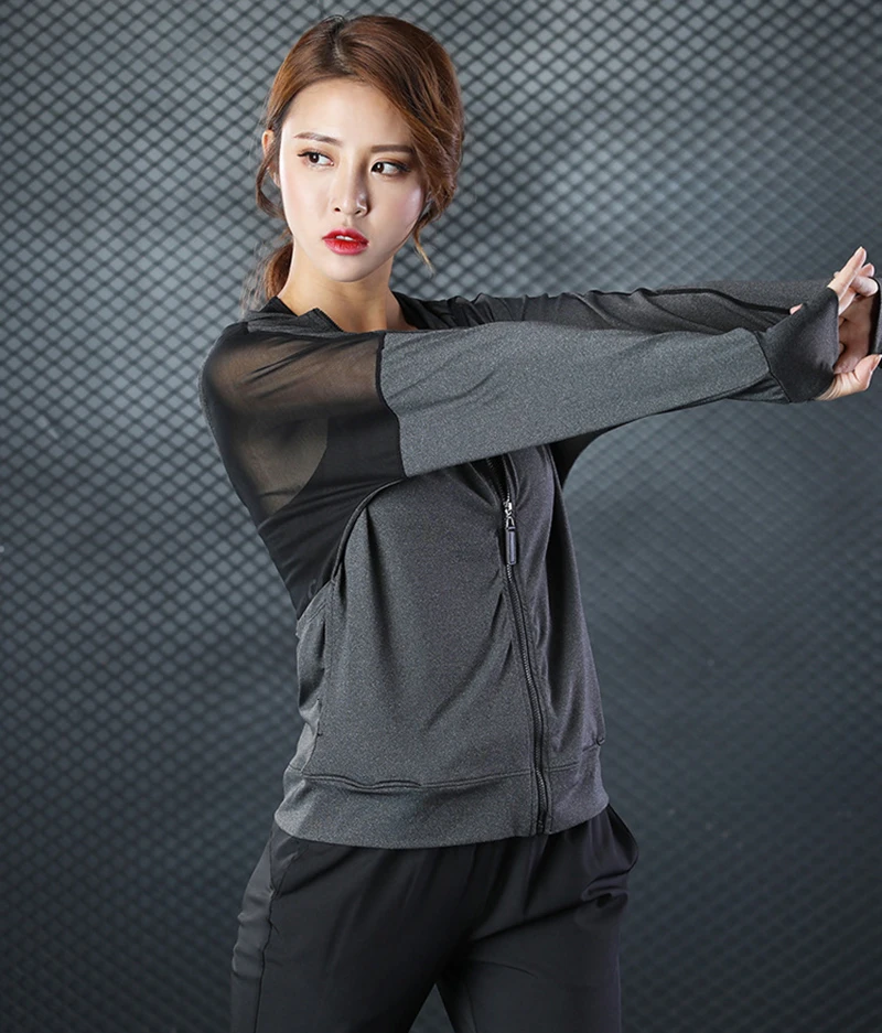 Женская Спортивная кофта с капюшоном длинным рукавом для йоги фитнеса