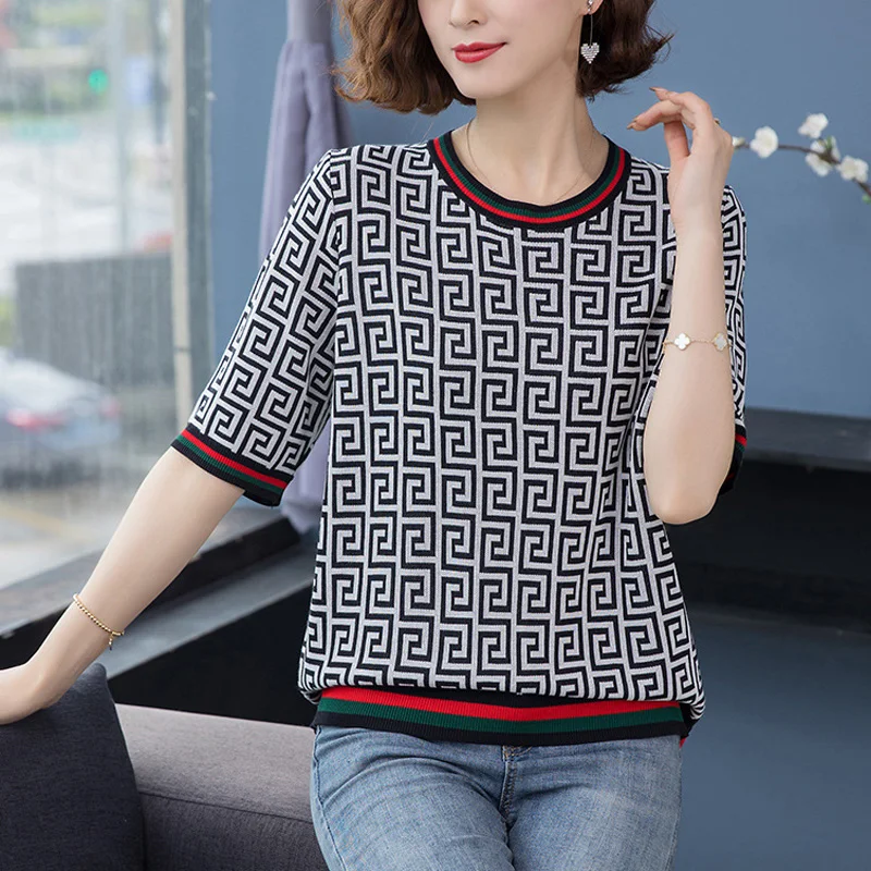 Женский свободный пуловер с коротким рукавом в стиле ретро