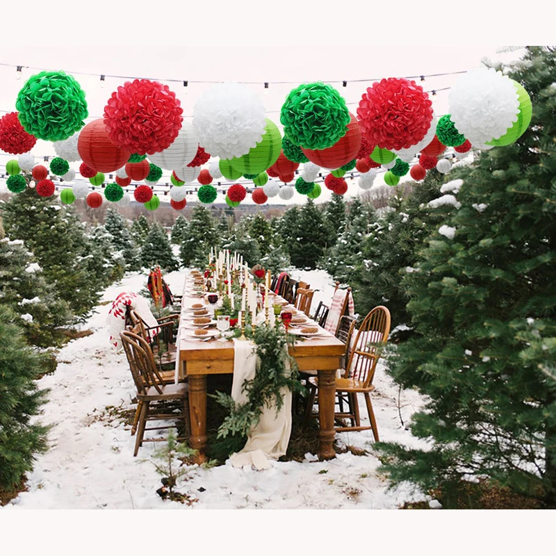 15 шт. красно зеленые белые бумажные цветы шарики Помпоны и фонари для свадьбы дня