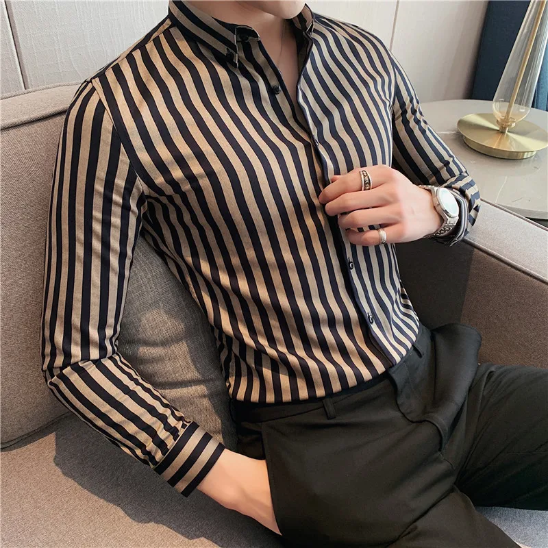 

Men Clothing 2021 Spring New Products Men's Striped Long Sleeve Shirt Texture Fashionable Men's KTV Bar Slim Shirt