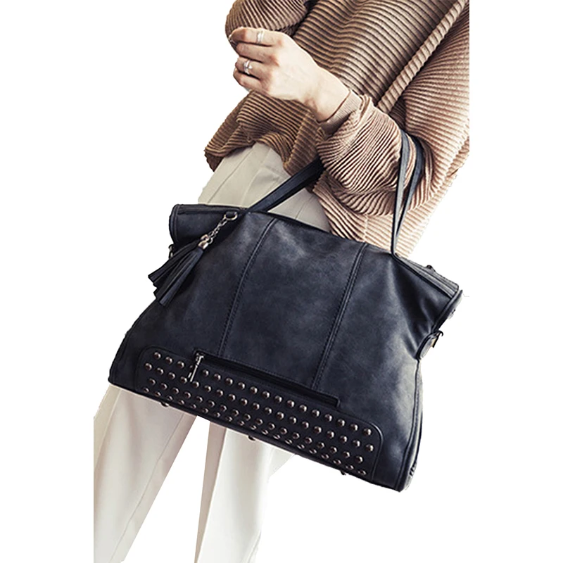 

LUCKYFRIDAYF Black Vintage Studded Handbag Zipper Bolsos Grandes Sac dDe Luxe Femme Mala Viagem Borsa Donna Bolsos Mujer Bag