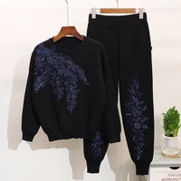 european and american fashion autumn and winter embroidery sequin knitted casual trousers fashion two piece knitted suit women