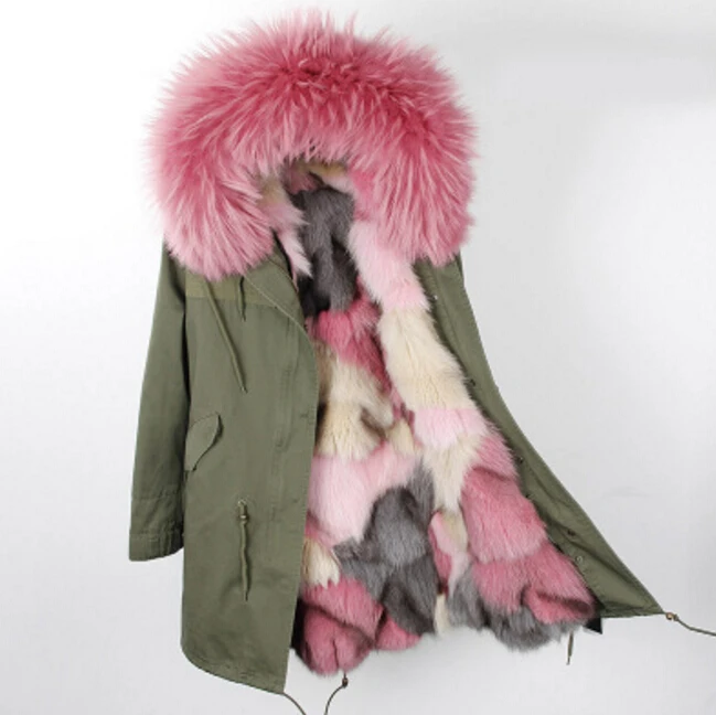 

Real Fur Brand Coat Winter Jacket Women Genuine Natural Fox Fur Collar Hood Thick Warm Army Green Military Parka Outwear Female