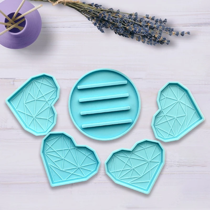 

97QE Heart-shaped Geometric Coaster+Holder Epoxy Resin Mold Cup Mat Silicone Mould