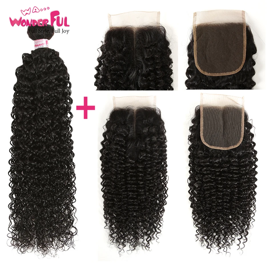 Indian Kinky Curly Bundles With Closure Remy 3 100% Lace | Шиньоны и парики