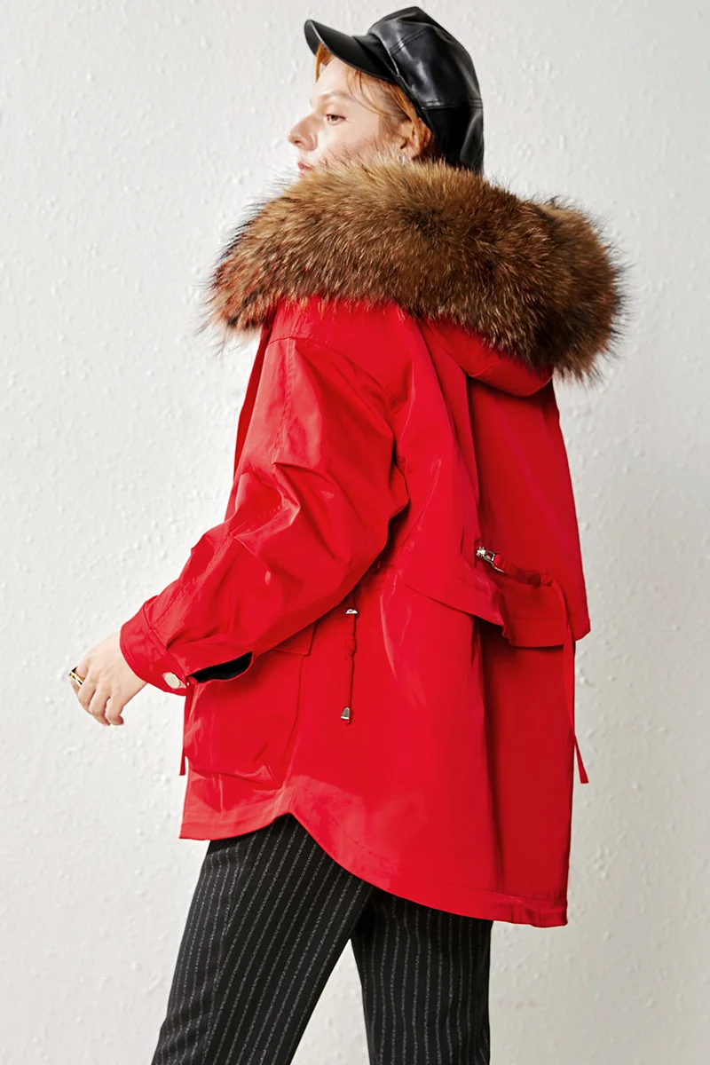

SHZQ New Short Rex Rabbit Fur Liner Detachable Raccoon Fur Grass Coat