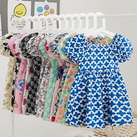 spring and summer new child girl puff sleeve french square collar skirt and large girls cotton short sleeve princess dress 2021