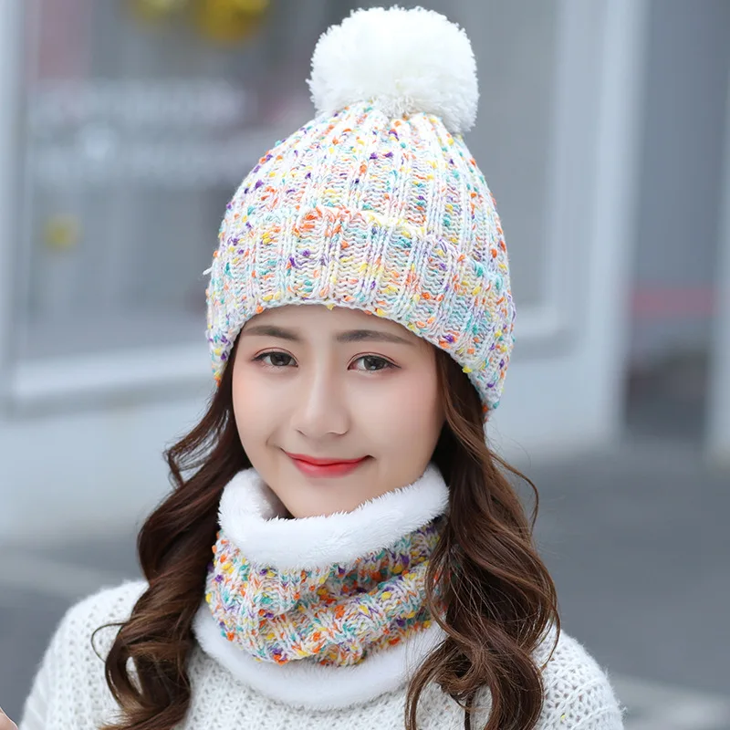 white Fashion Winter Hat Scarf Set For Women Girl Warm Beanies Cap Lady Ring Scarf Pompoms Winter Hats Knitted Caps Scarf 2 Pieces - Цвет: white