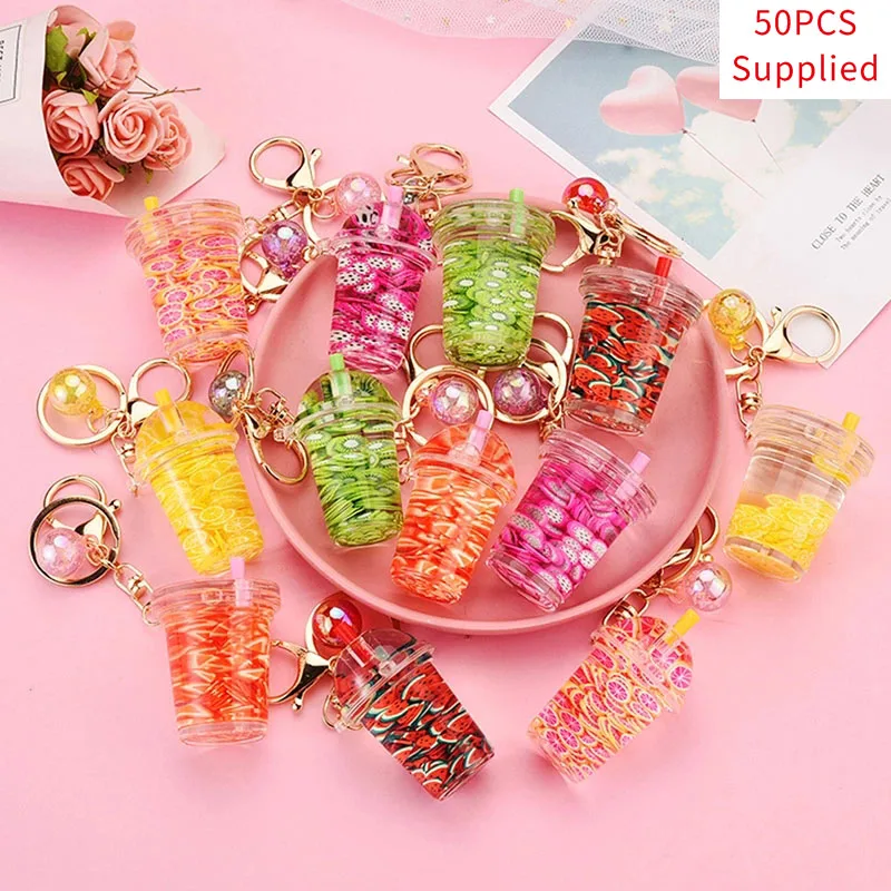 

50pcs Liquid Milk Tea Bottle Keyring Summer Bag Key Holder Creative Simulation Fruit Floating Keychain Cute Watermelon Kiwi