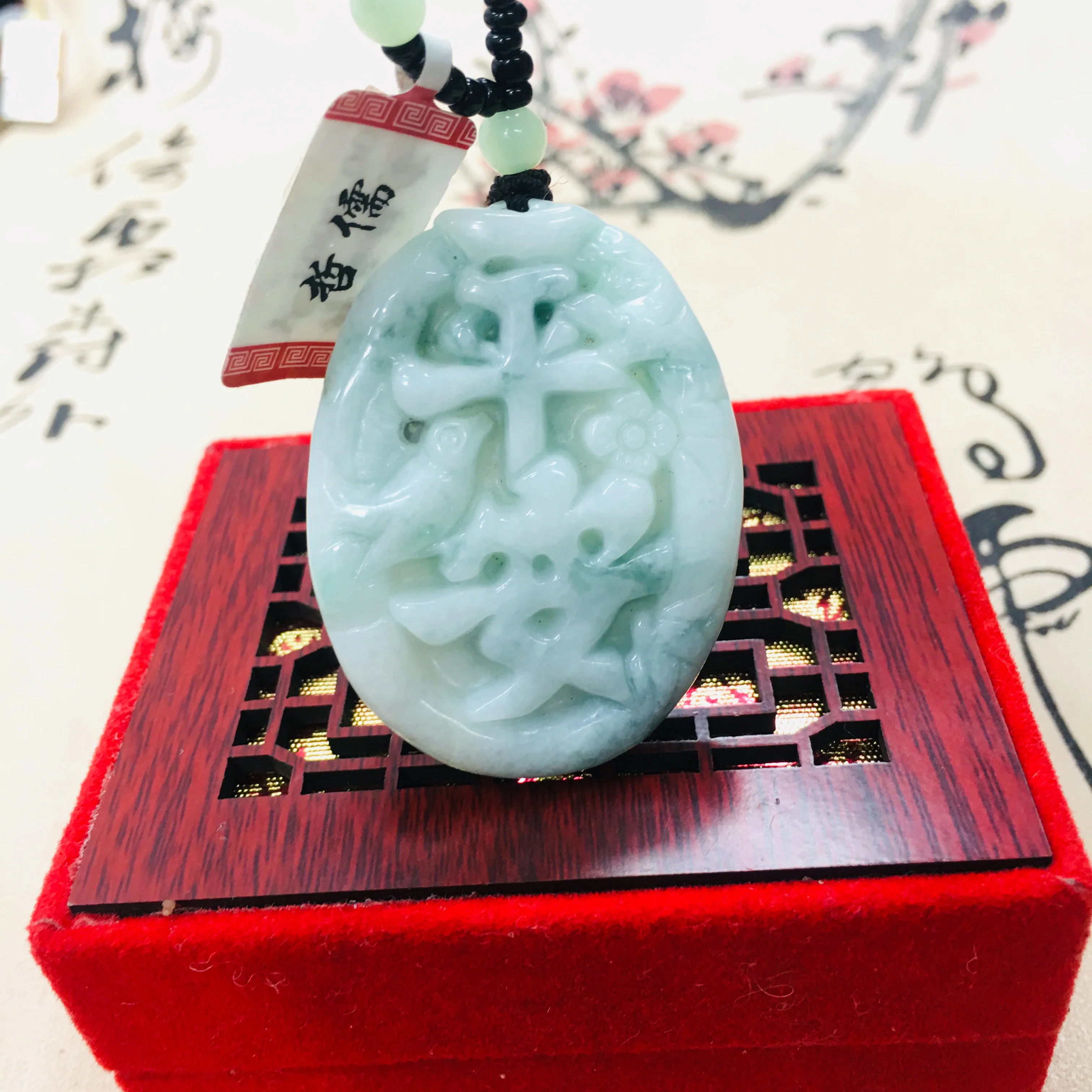 

Zheru pure natural Jadeite carved light green good luck bamboo pendant with green bead necklace sweater chain