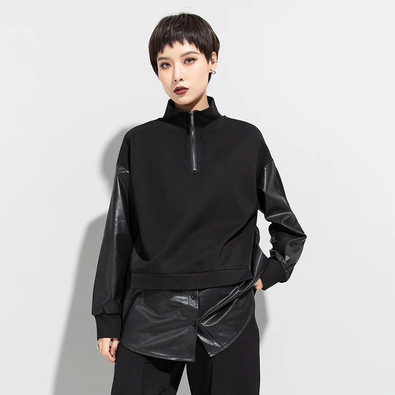 

Autumn and winter new women's thick nylon cotton and PU leather fake two-piece zipper sweatershirt