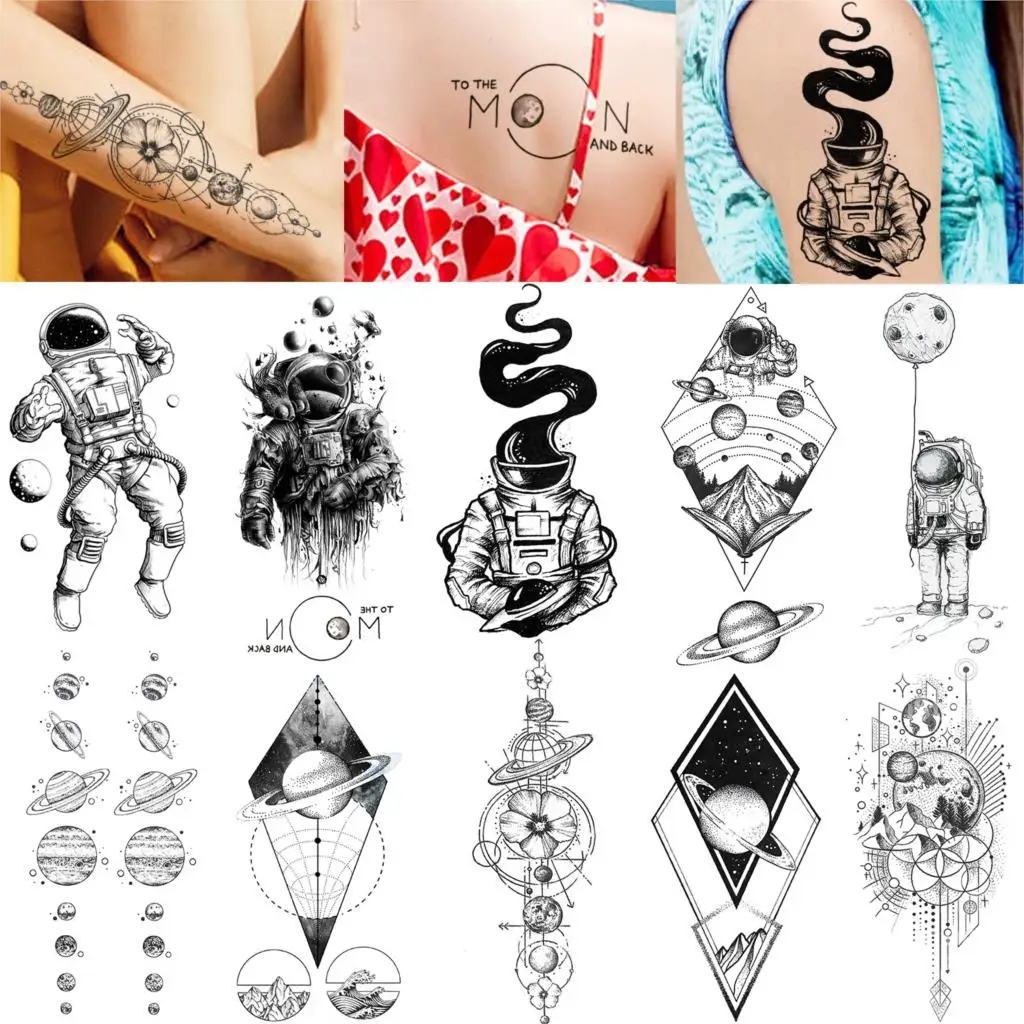 Временная наклейка космонавта для детей космическая татуировка Луна и Вселенная