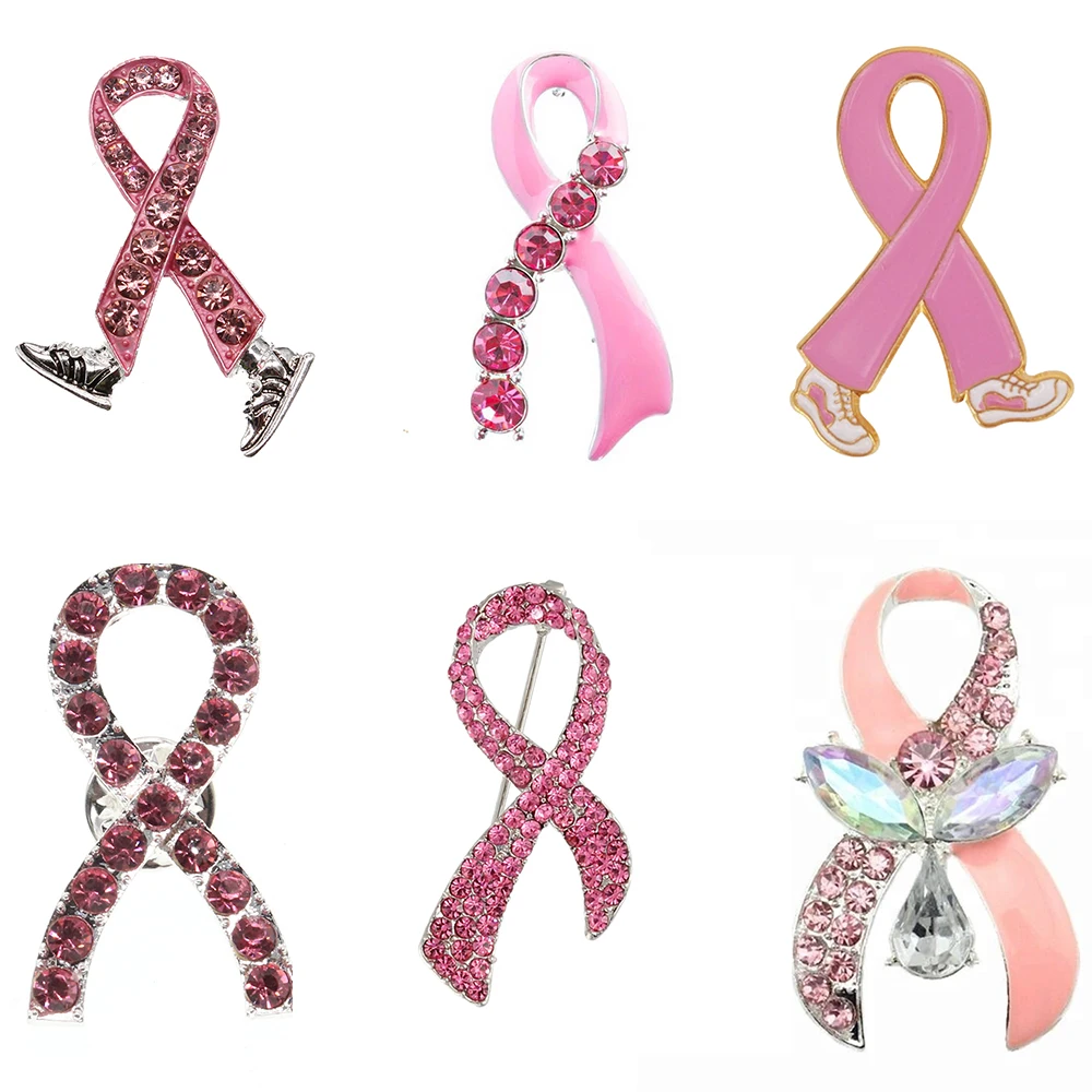 Розовая Брошь Стразы с лентой для информирования о раке груди | Украшения и