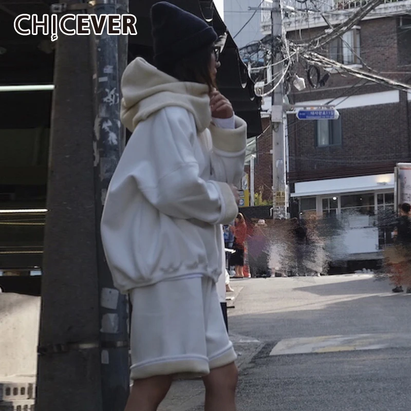 

CHICEVER Winter Two Piece Set For Women O Neck Long Sleeve Thick Top High Waist Knee Length Pants Oversized Sets Female 2021 New