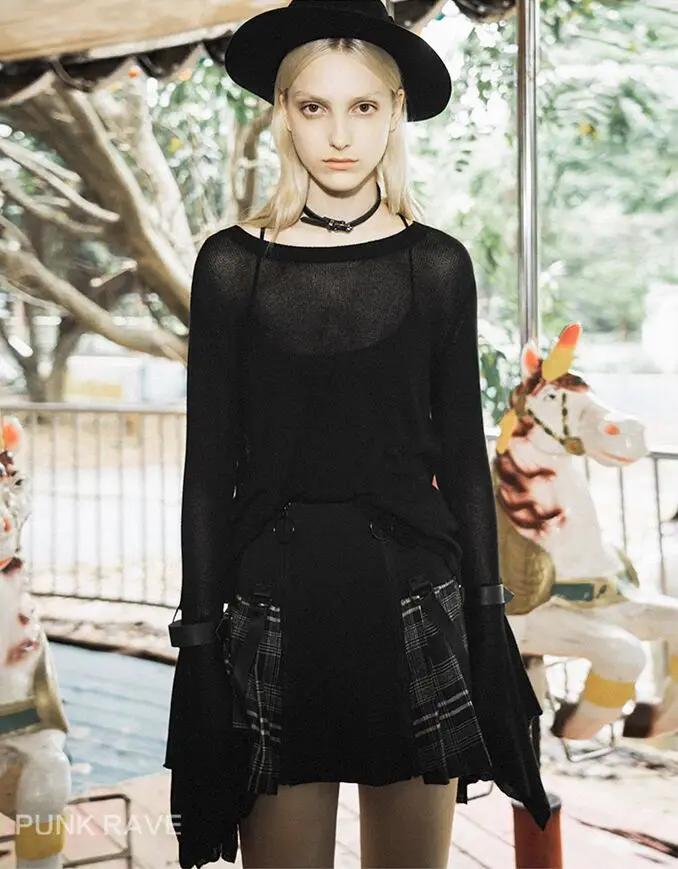 Панк рейв женский Готический Повседневный расклешенный рукав вязаный свитер PM-142