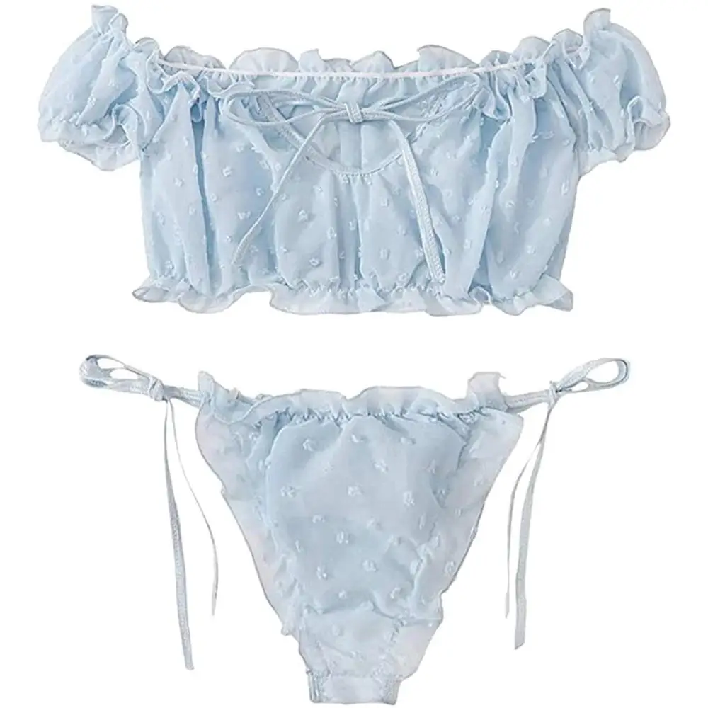 

2PCS/Set Off Shoulder Lace Up Bikinis Women Sweet Casual Short Sleeve Suits Swimsuits Beachwear Bathing Suits