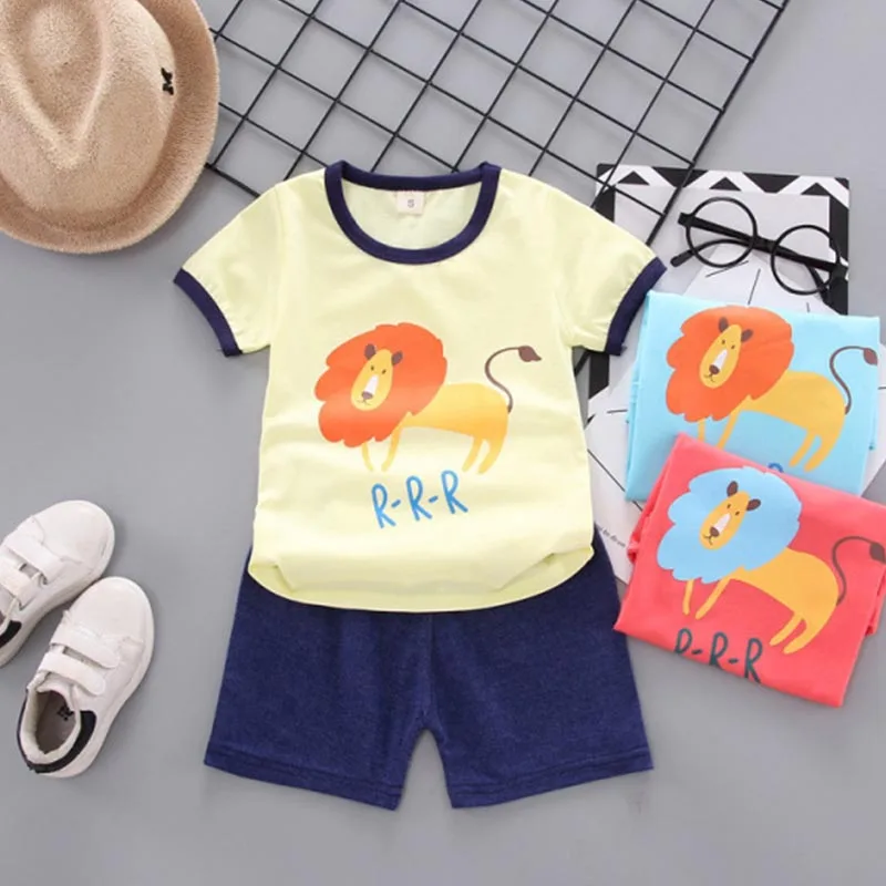 

Children Summer Suit Cartoon Lion Print Top + Pants Set 2PCS Round Neck Boy Kid Pullover T-Shirt Shorts Costume Infant Outfit