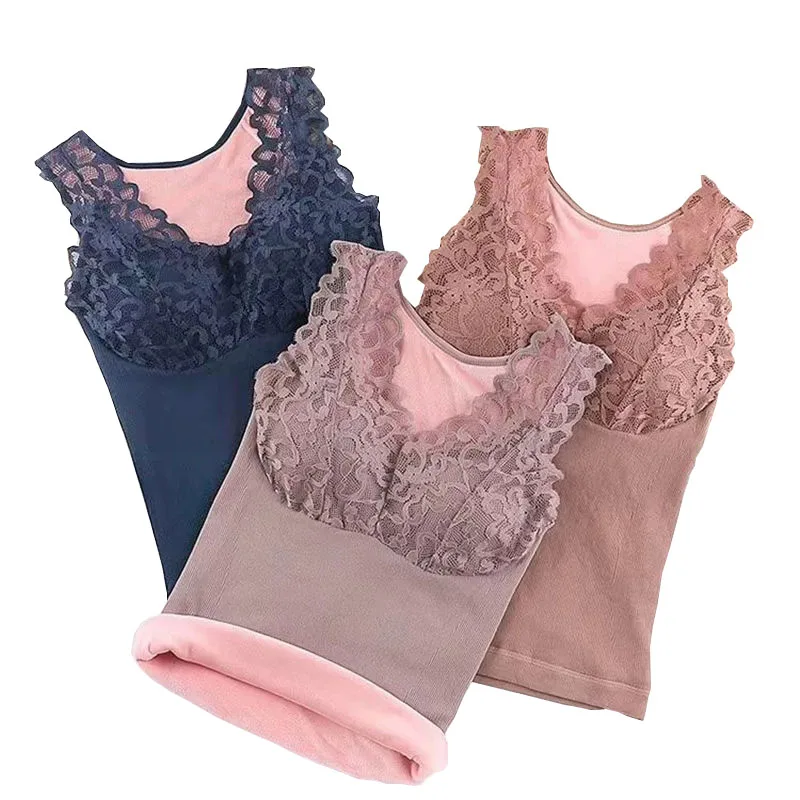 

Women 2021 Autumn And Winter Thermal Vest Underwear Female Ultra Soft Thicken Velvet Slim Warm Lace Camis Sleeveless Shirt Tops