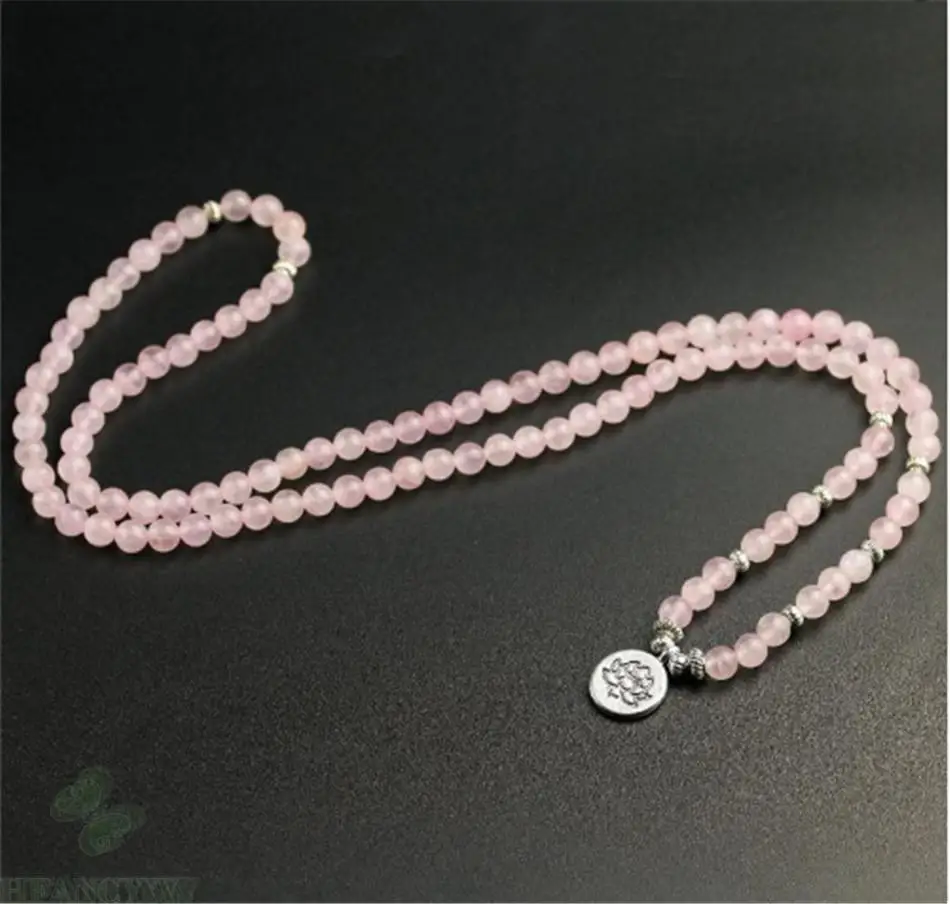 6mm Pink Crystal Gemstone 108 Beads mala Bracelet Ruyi Yoga Spirituality Fancy Lucky Pray Unisex