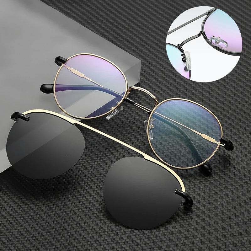

Round Clip On Sunglasses Men Polarized TR90 Metal Spectacle Frame Myopia Prescription Glasses Women Sunglass UV400