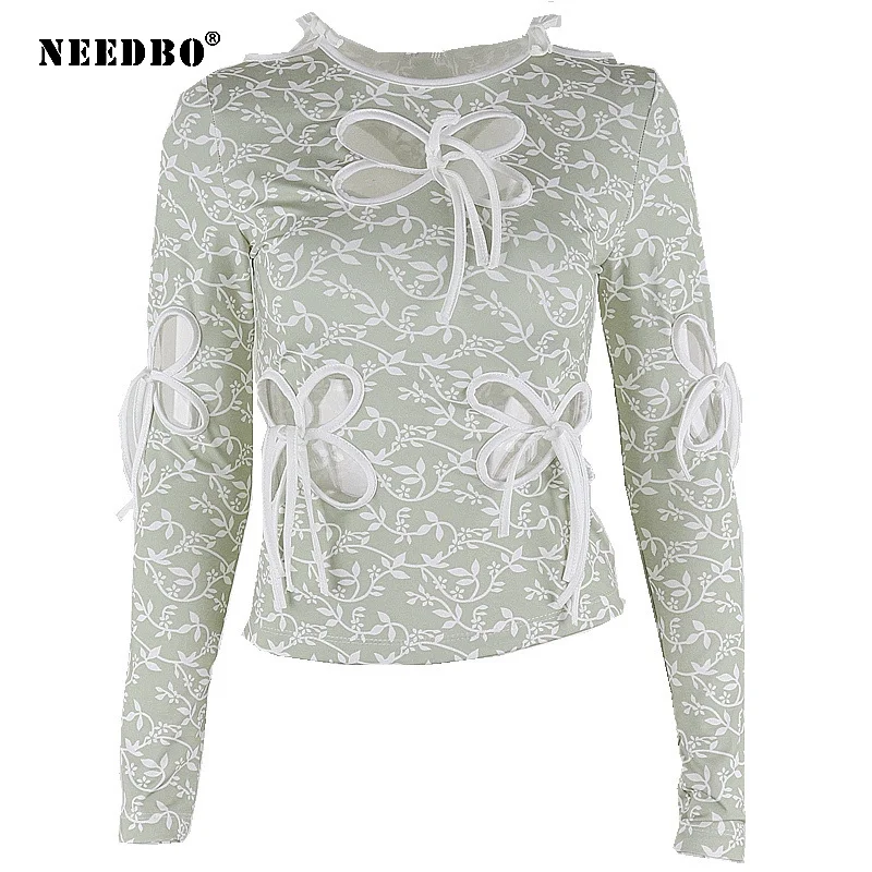 

NEEDBO T shirt Women Long Sleeve Sexy Hollow Out Casual Bow t-shirt Women Floral Korea Loose Full Tee Shirt Femme Tops