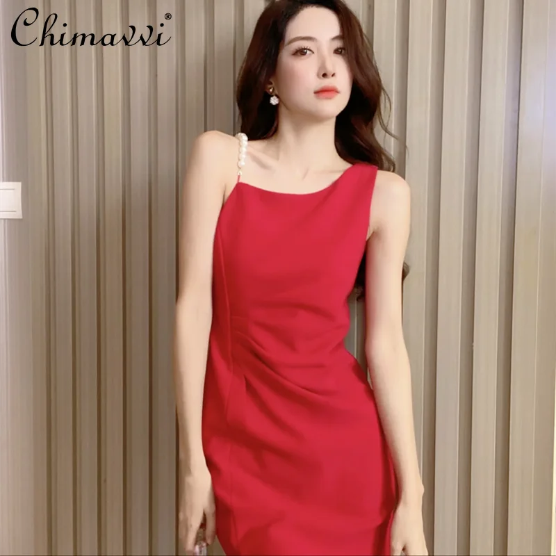 

Summer 2021 Vintage Pearl Strap Dress Women's Slimming Sleveless A Line Red Dress Femal Elegant Sexy Bodycon Short Dress