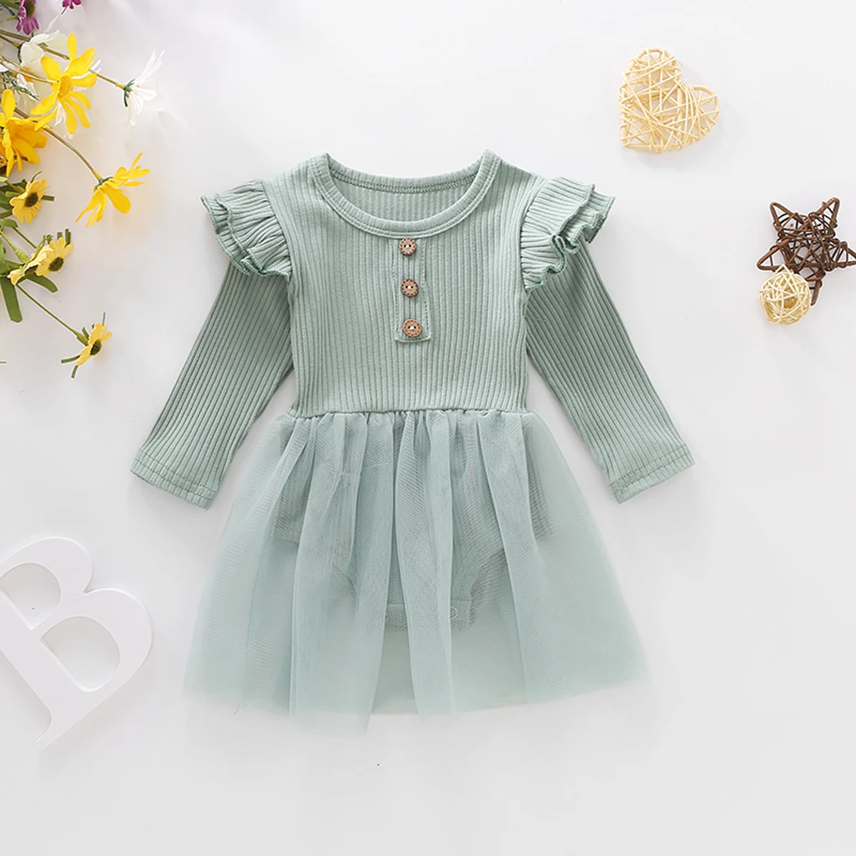 

Infant Baby Girl Romper Dress Mesh Stitching Sweet Lotus Leaf Sleeves Single Breasted Decoration Prom Costume 0-24months