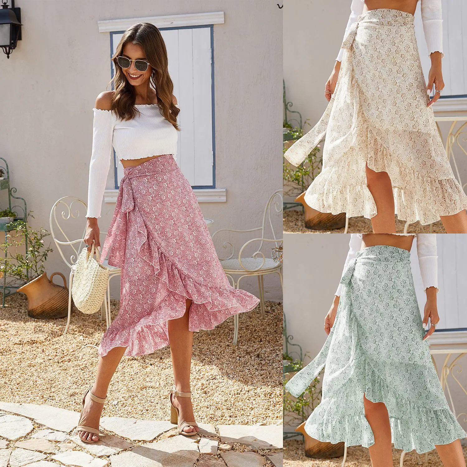 

2021 Summer Straps Open Fork Irregular Shredded Chiffon Skirt