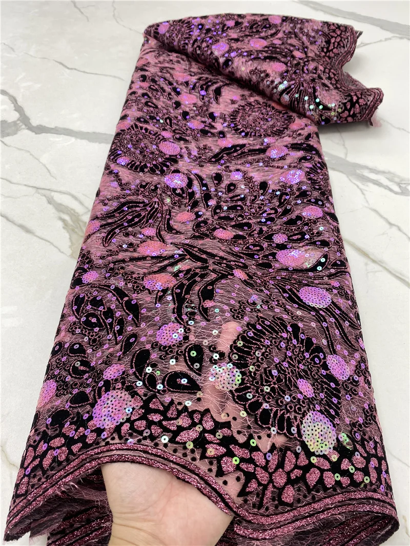 

PGC африканская бархатная кружевная ткань 2021 Красивая Высококачественная французская сетка с блестками Кружевная Ткань 5 ярдов для свадебно...