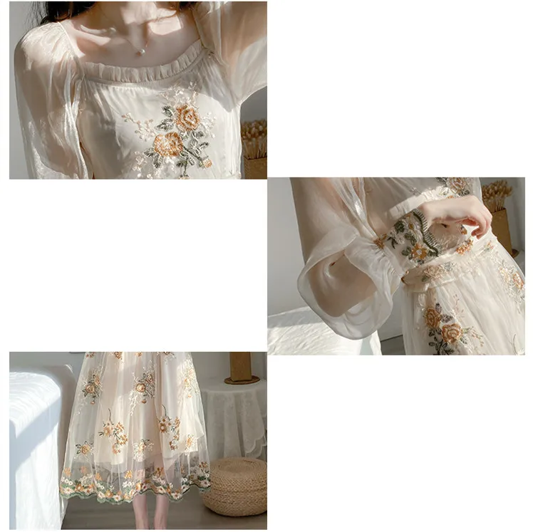 

2020 Spring Summer Yarn Embroidered Long Dress Women Long Sleeve Square Collar High Waist Dresses Sweet Elegant Fashion Vestidos