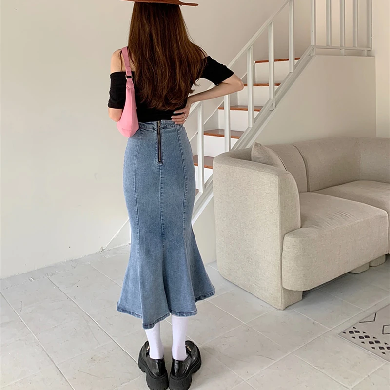 

Summer Retro High Waist Skirt Women Denim Ruffled Fishtail Skirt Stretch-Wrapped Hips Long Skirt A-Line Skirt Ladies A347