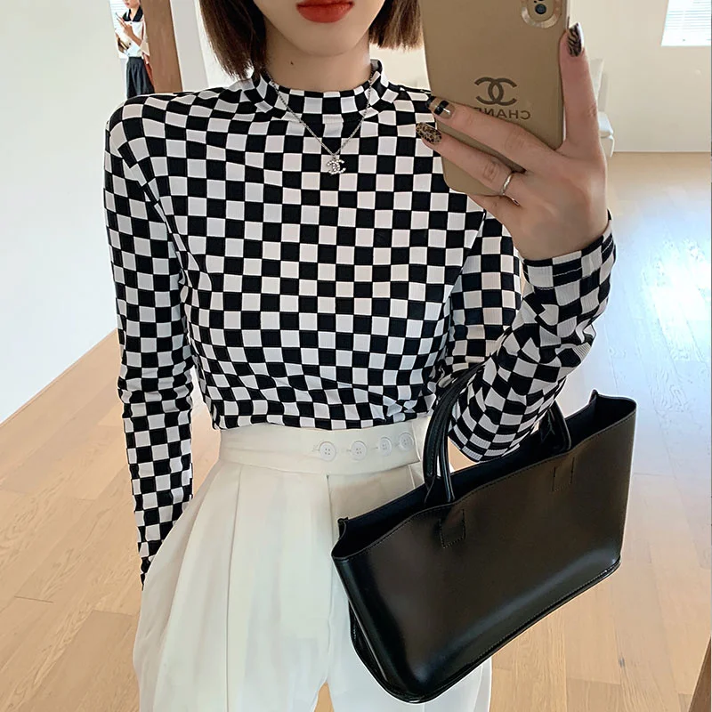 Черно-белая клетчатая женская футболка с длинным рукавом Новинка осени 2021