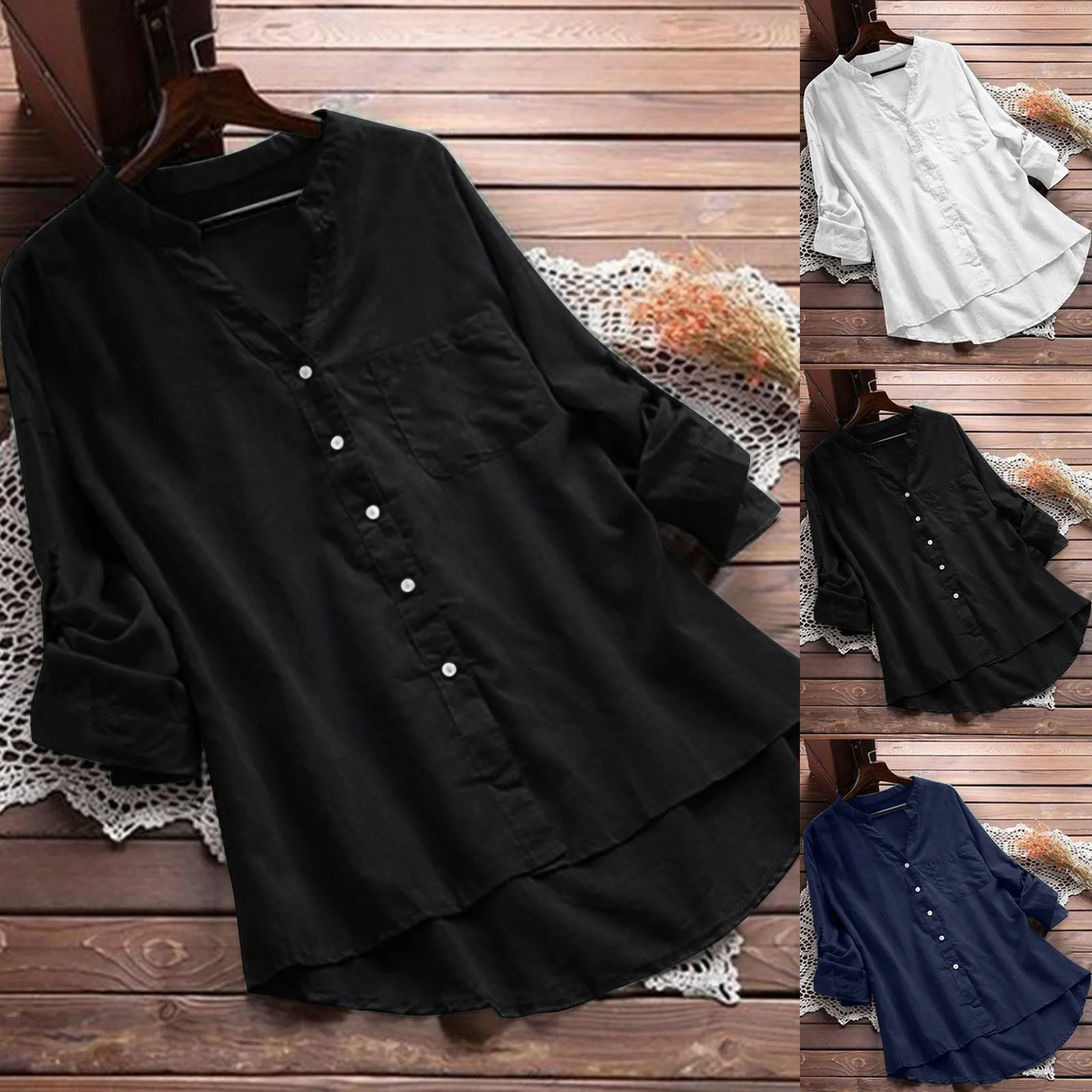 

Модная Повседневная блузка из хлопка и льна с карманами, свободная Однотонная футболка на пуговицах, женская рубашка с длинным рукавом, блу...